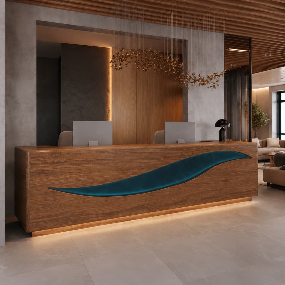 Detailed texture of the seamless horizontal grain pattern spanning across the massive wooden fascia of the commercial front counter