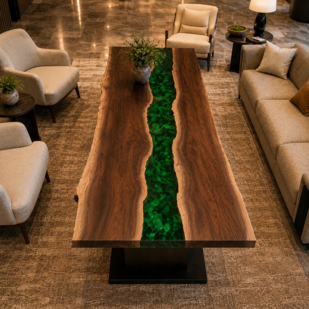Luxury hospitality foyer centerpiece made of dark walnut and vibrant green resin