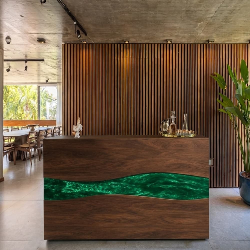 Contemporary emerald epoxy reception table for luxury office and hotel lobby interiors