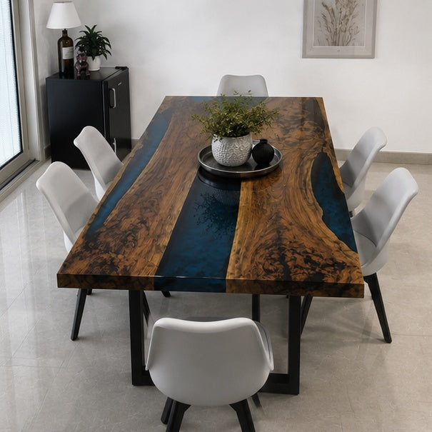 Hotel lobby table with figured walnut grain and navy epoxy river design