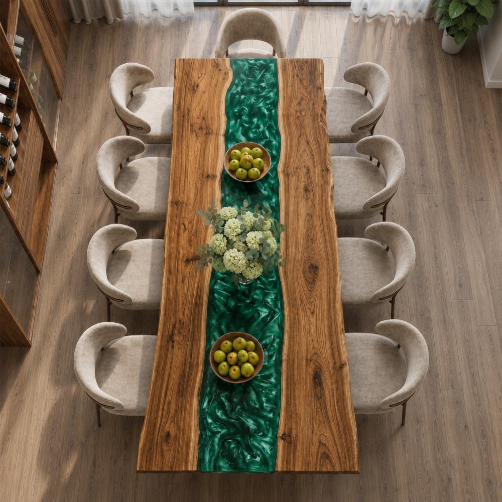 Texture-focused close-up capturing jagged unprocessed natural live edge seams that connect thick walnut timber boards and hand-poured swirling jade green transparent epoxy central channel
