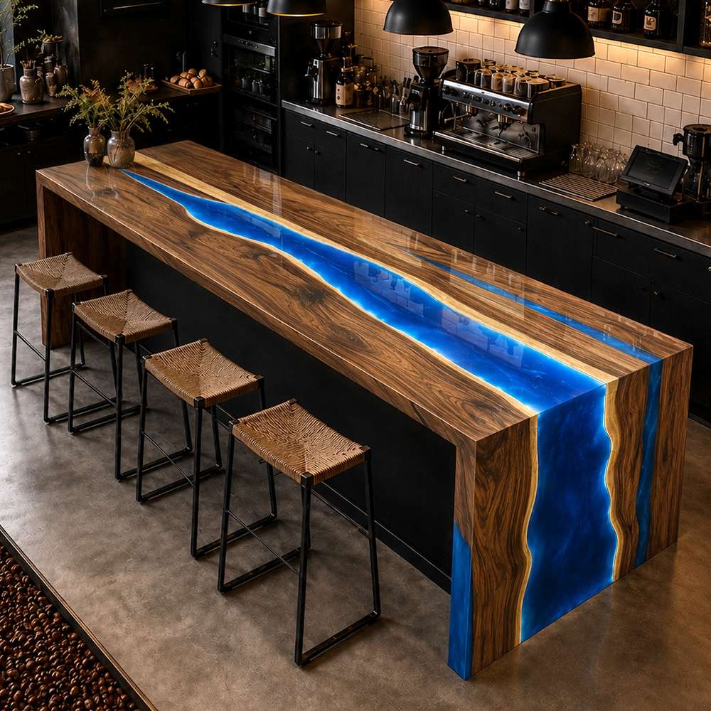 Luxury black walnut kitchen island with glowing blue LED epoxy resin river