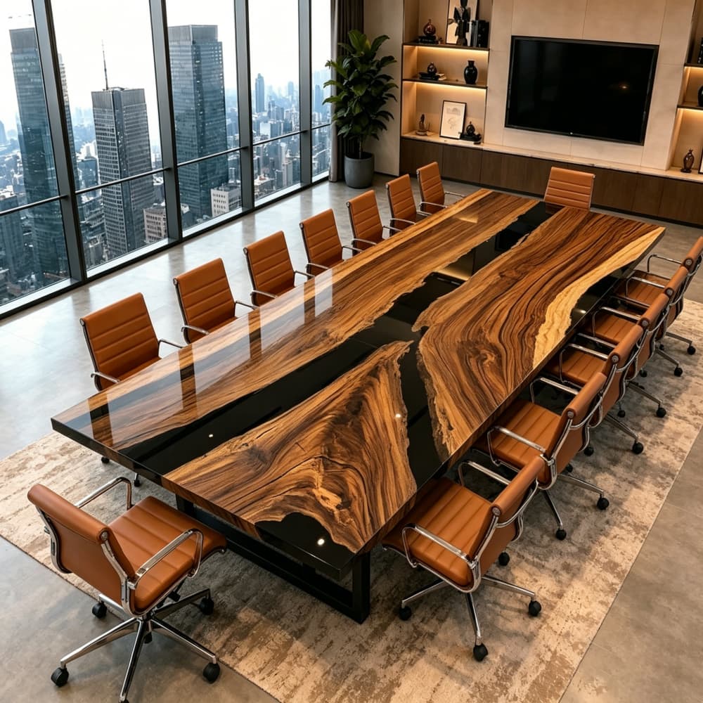 Bespoke large-scale walnut and black resin table designed for corporate conference suites