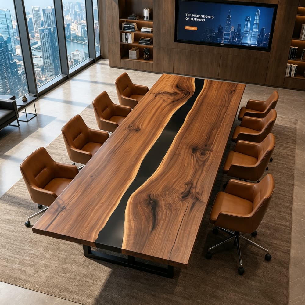 Built-in flush-mounted vertical US power and data modules integrated into a custom luxury live edge office desk