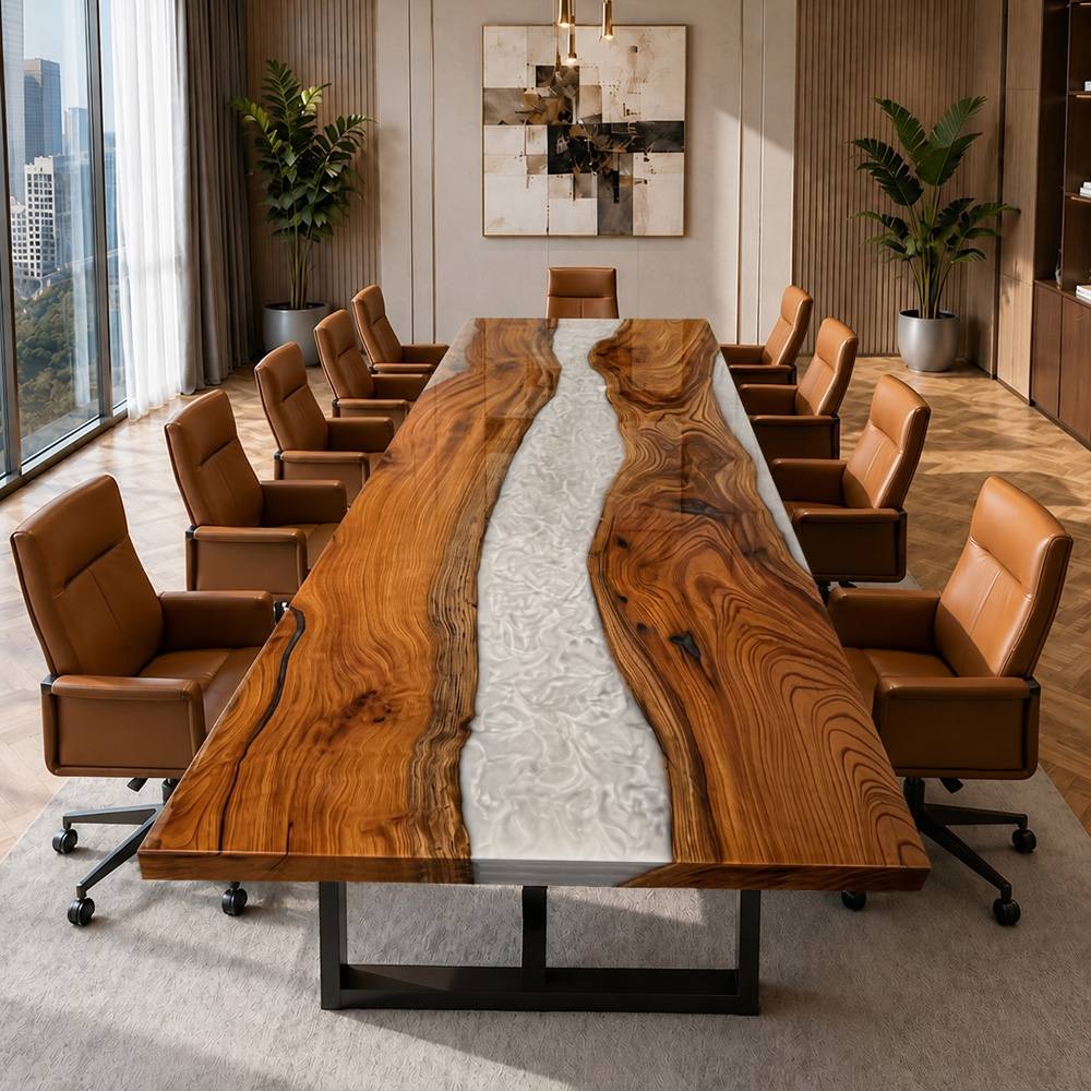 Under-table angle highlighting the heavy-duty geometric black steel base supporting a thick live-edge walnut wood and white resin boardroom desk