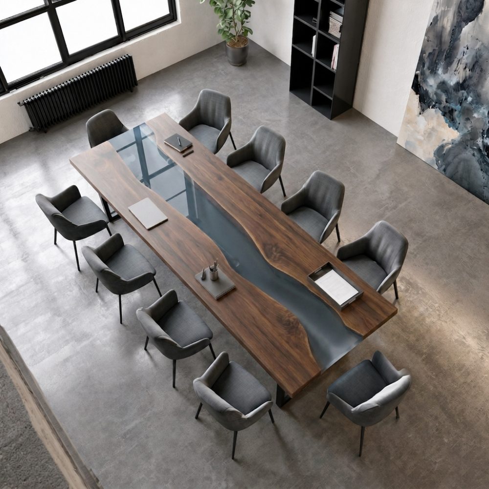 High-end office workspace with polished concrete floor, black-framed grid windows, and a massive luxury wood resin meeting desk
