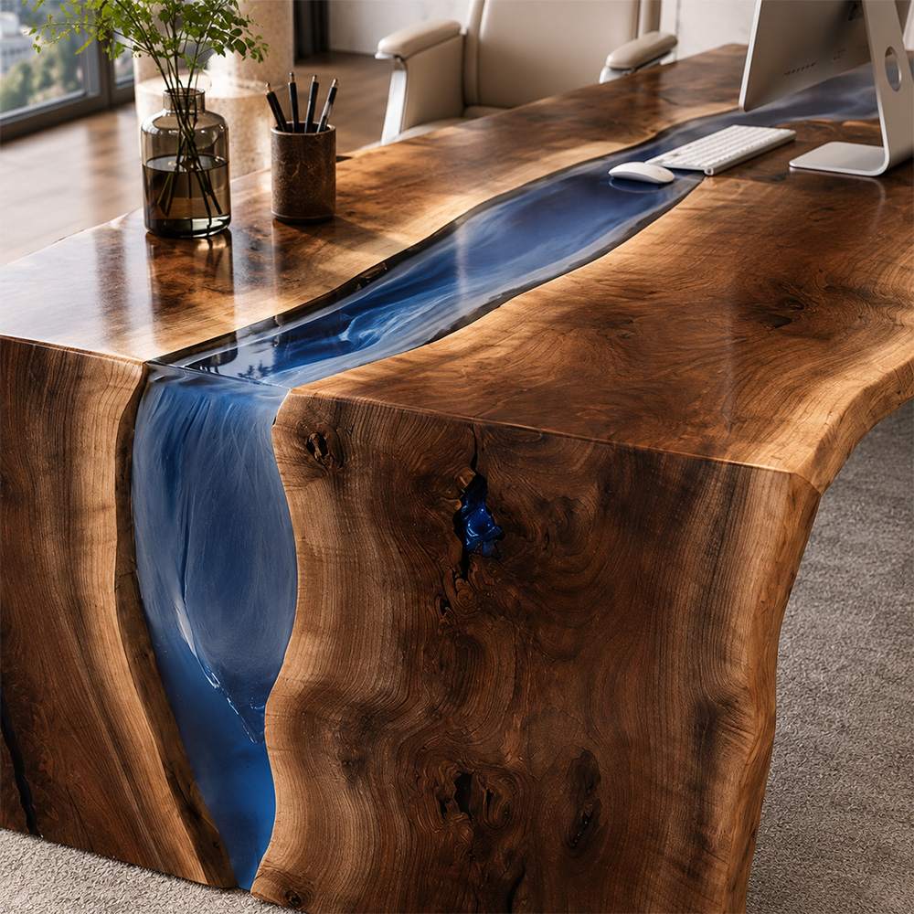 Sturdy architectural matte black metal base supporting executive desk