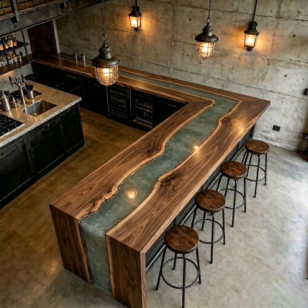 Luxury industrial walnut bar counter with metallic silver swirl resin river