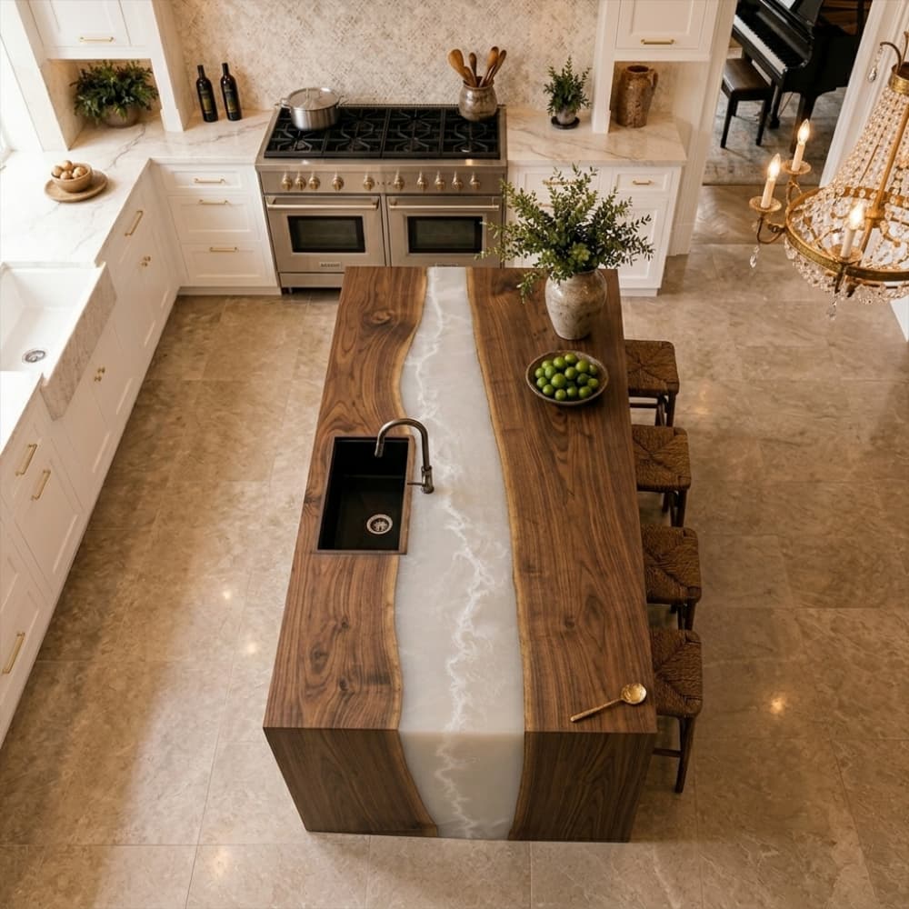 Gourmet custom hardwood kitchen island featuring an integrated black undermount sink and a luxury brushed gold gooseneck faucet