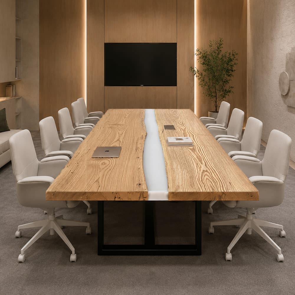 Ash wood white epoxy conference table with a rectangular top and black metal base in a bright modern boardroom