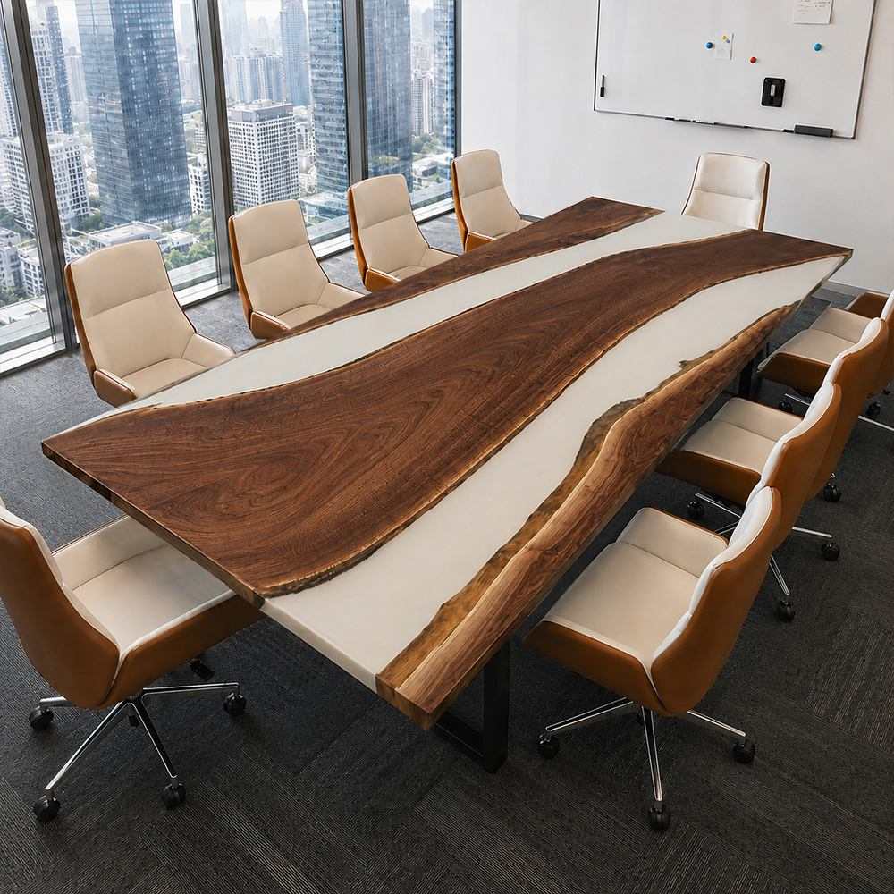 Architectural black walnut epoxy conference desk with sculptural slab design, white resin contrast, and premium office seating