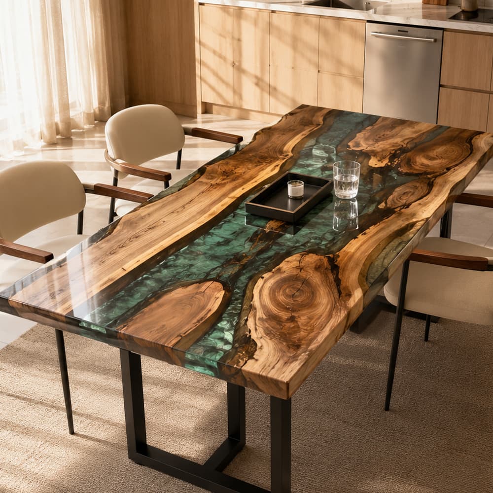 Walnut dining table featuring a translucent green resin river and natural live edge character