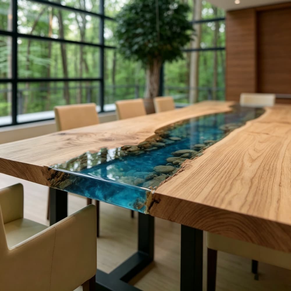 Side profile showing the thick solid live edge white ash timber and seamless integration with clear blue gradient epoxy
