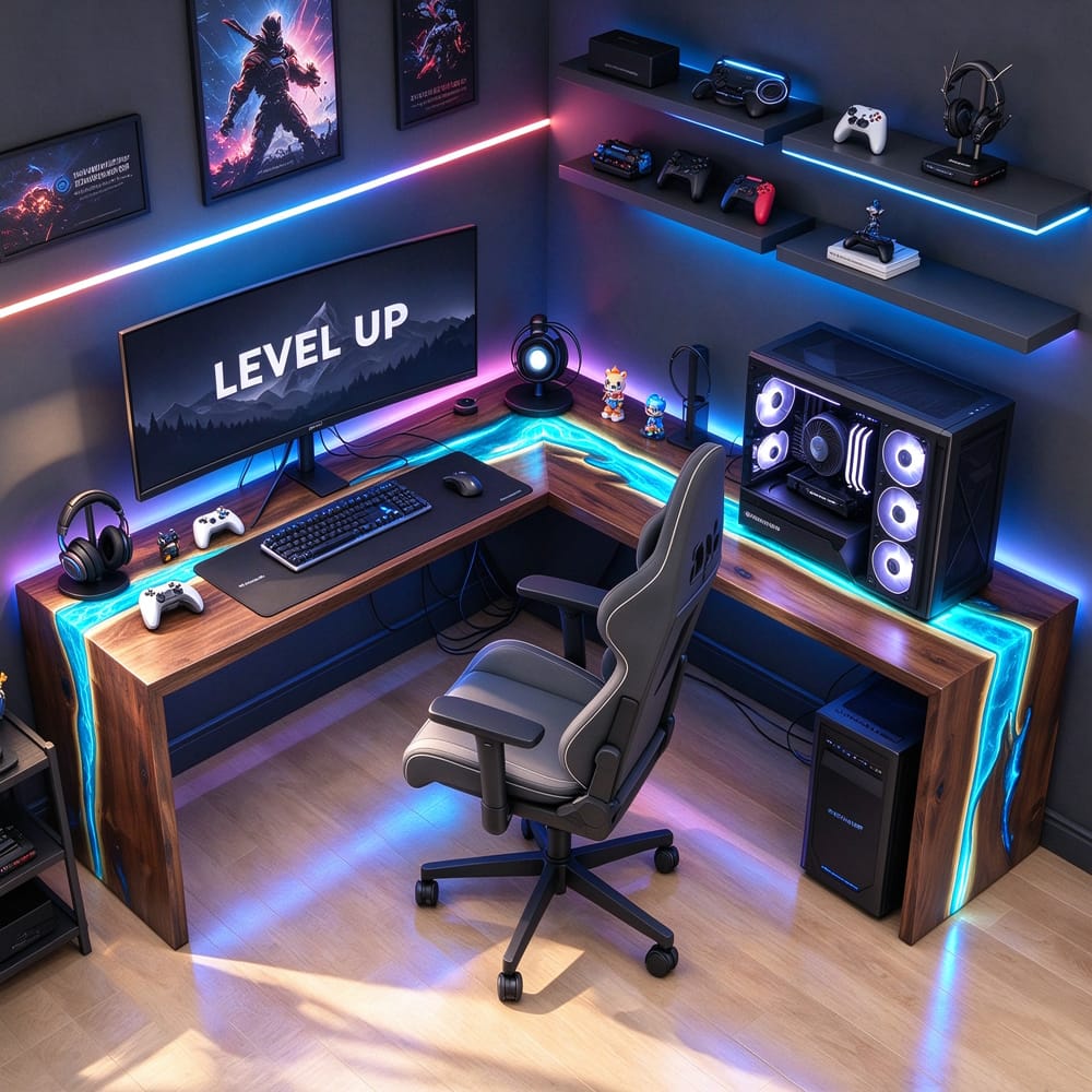 Custom L-shaped black walnut gaming desk with electric blue epoxy resin, LED lighting, and waterfall sides in a modern PC gaming room.