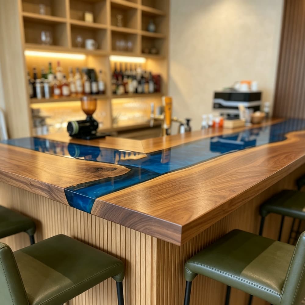 L-shaped Black Walnut resin bar table with blue epoxy and extended counter seating for a custom bar layout