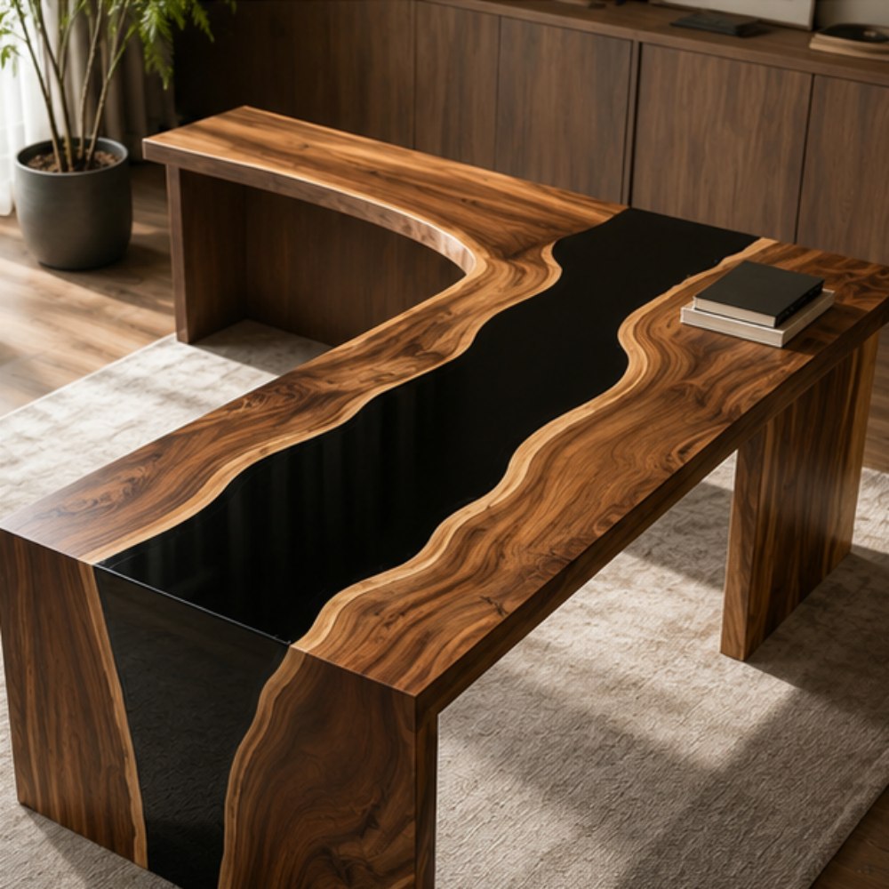 Overhead view of integrated L-shaped solid live edge black walnut executive desk with glossy mirror black epoxy river channel, all-wood slab support legs inside minimalist warm residential home office with wooden cabinetry and potted green plant decor
