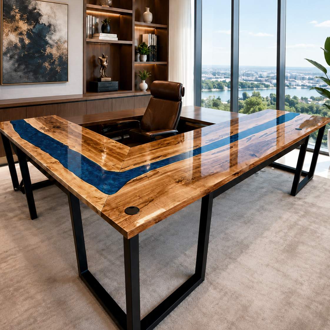 L-shaped live edge walnut office desk with deep blue epoxy river channel, matte black industrial metal legs in luxury executive study