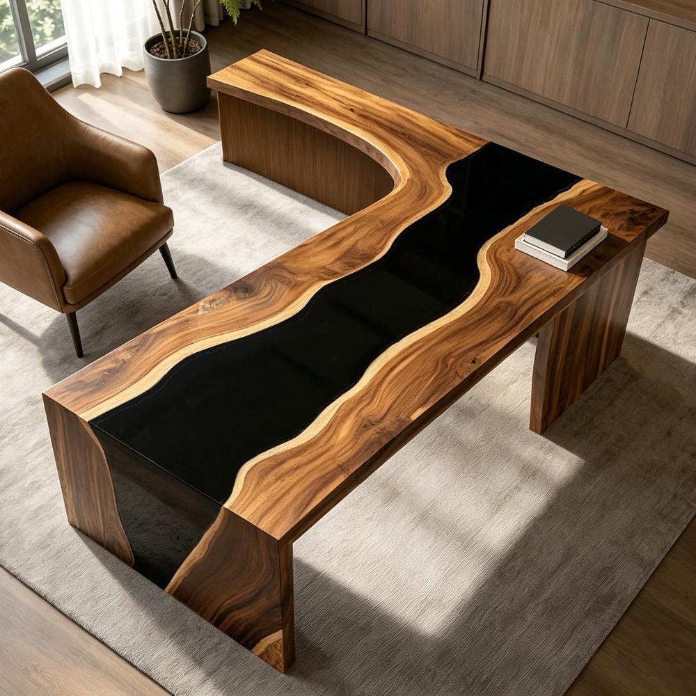 Handcrafted black walnut workstation featuring an L-shaped layout and resin river detail