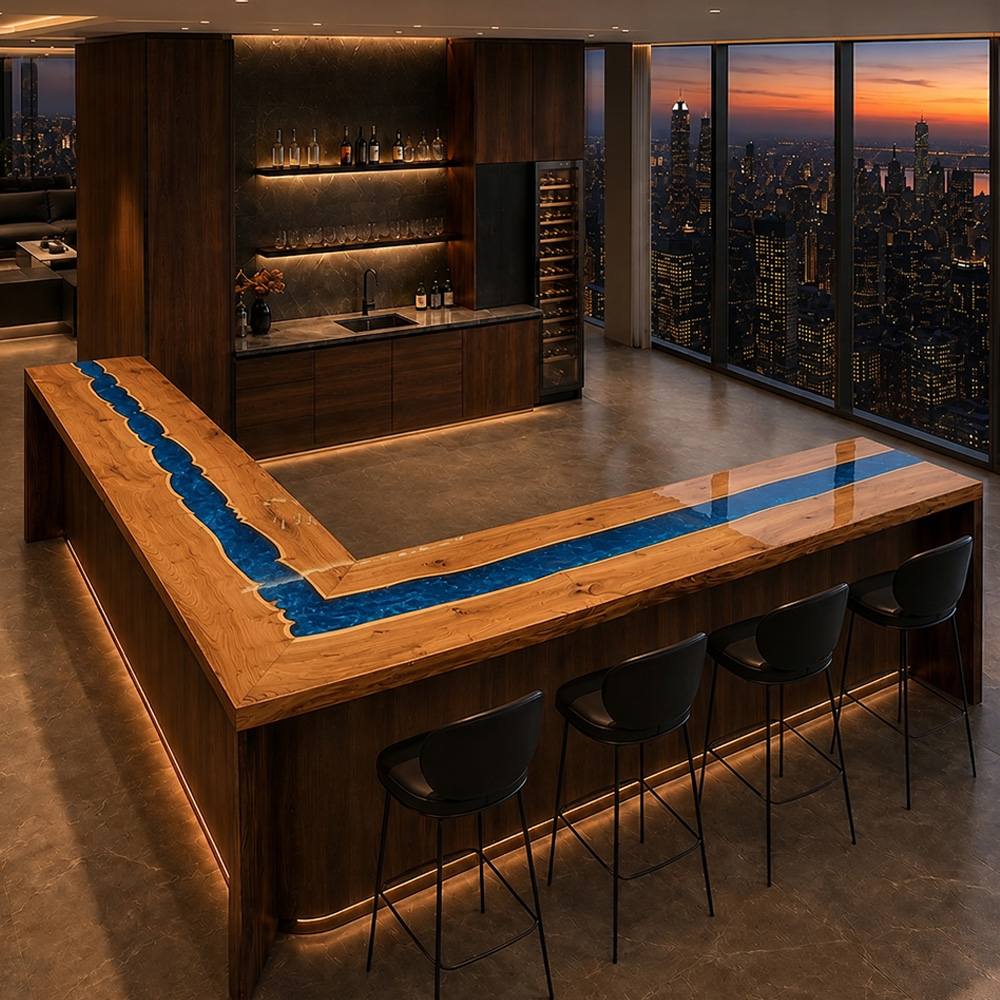 L-shaped walnut resin bar table designed for entertaining and guest seating
