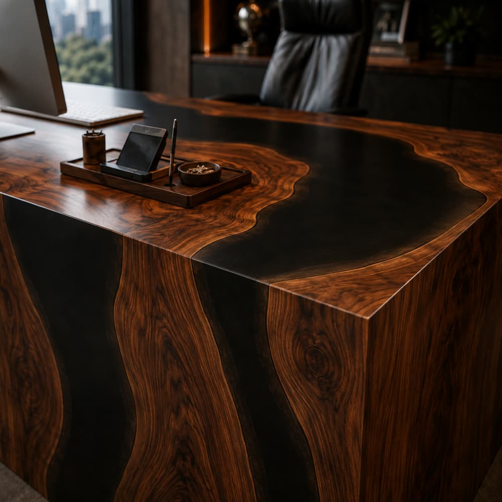 L-shaped walnut resin workstation with wide desktop and return section