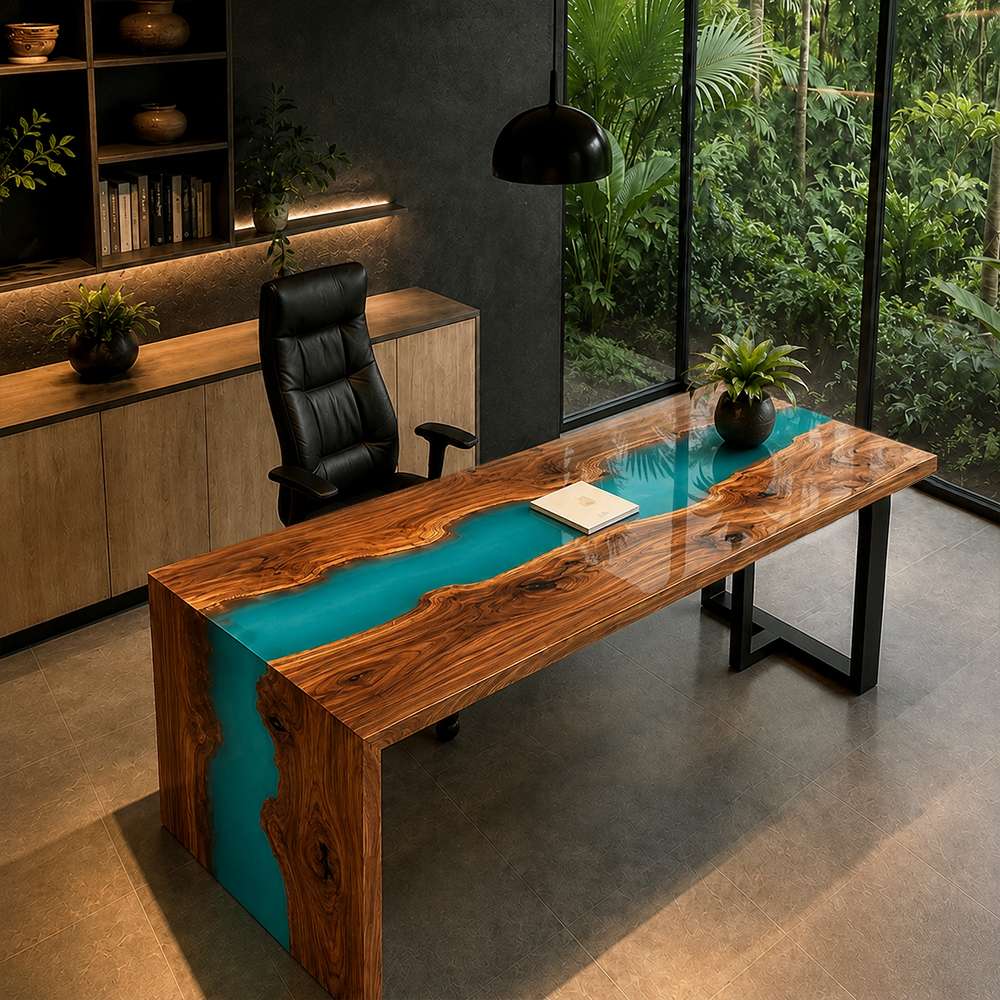 Custom black walnut executive desk featuring a vibrant lake blue resin river flowing down a single waterfall edge in a luxury home office