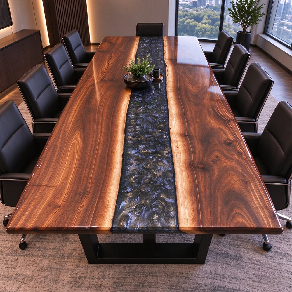 Perspective view looking down a 10-seater black walnut and metallic dark resin river executive boardroom table.