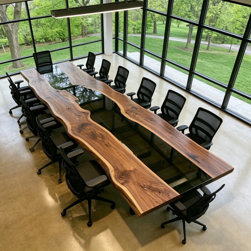 Large black resin river boardroom table crafted with natural black walnut slabs and glossy epoxy center detail