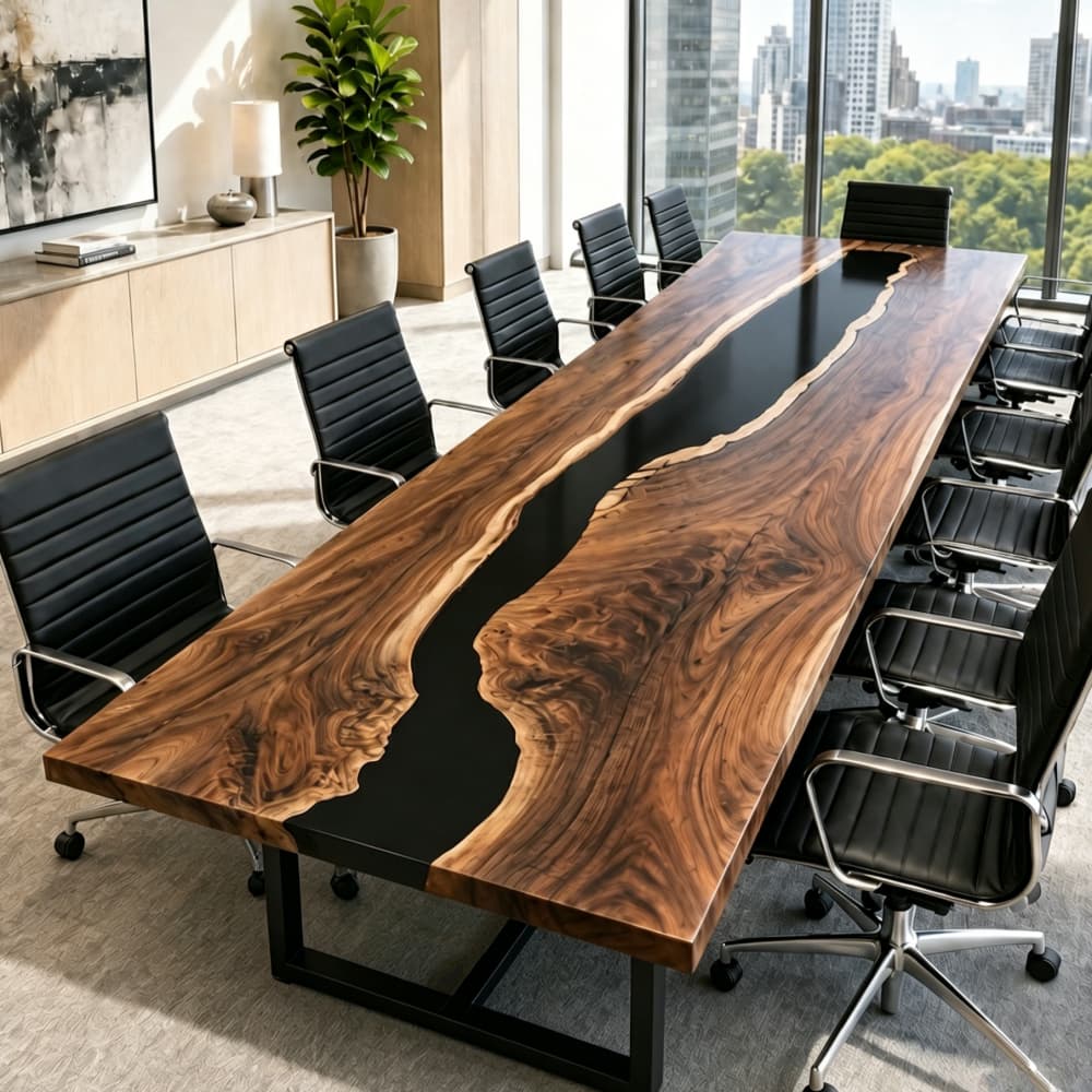 Black walnut wood conference table with black epoxy resin center for a professional boardroom