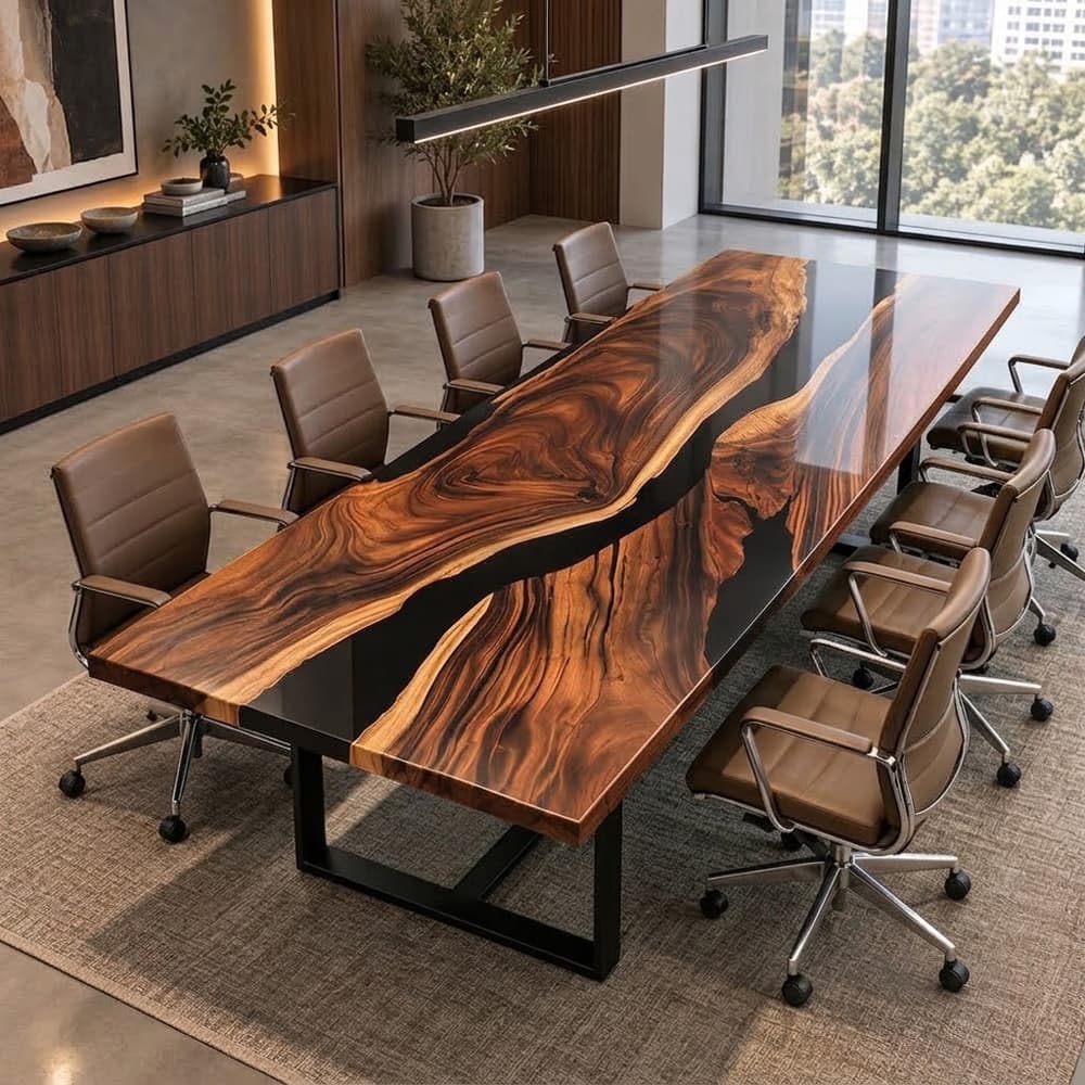 Large black walnut epoxy boardroom table designed for multi-person corporate meetings and executive conference rooms.