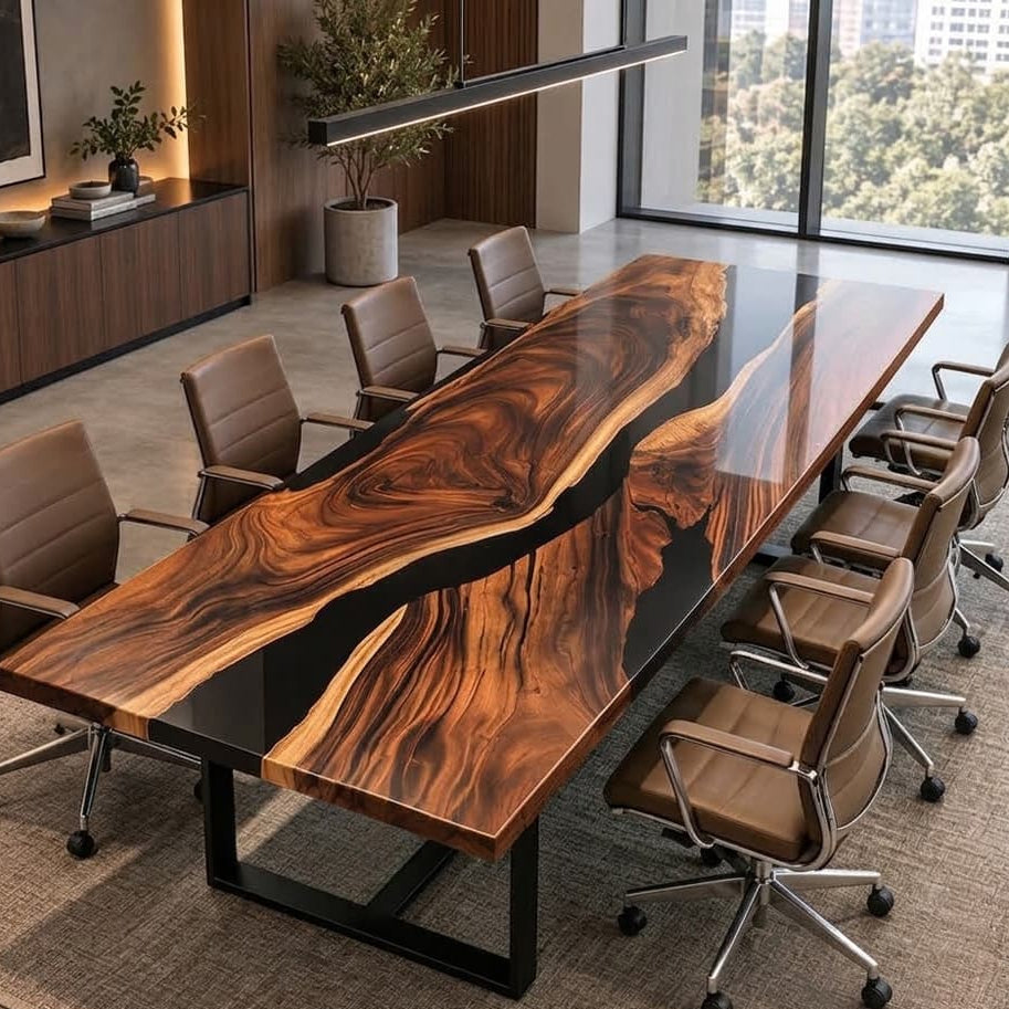 Large black walnut epoxy boardroom table designed for multi-person corporate meetings and executive conference rooms.