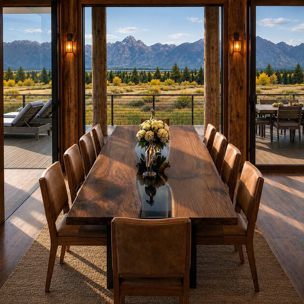 Large black walnut epoxy dining table for eight with a spacious rectangular top, dark resin center, and natural slab edges