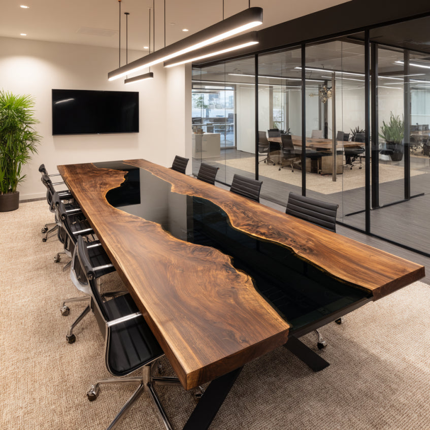 Modern office conference room with a large wooden table and chairs.