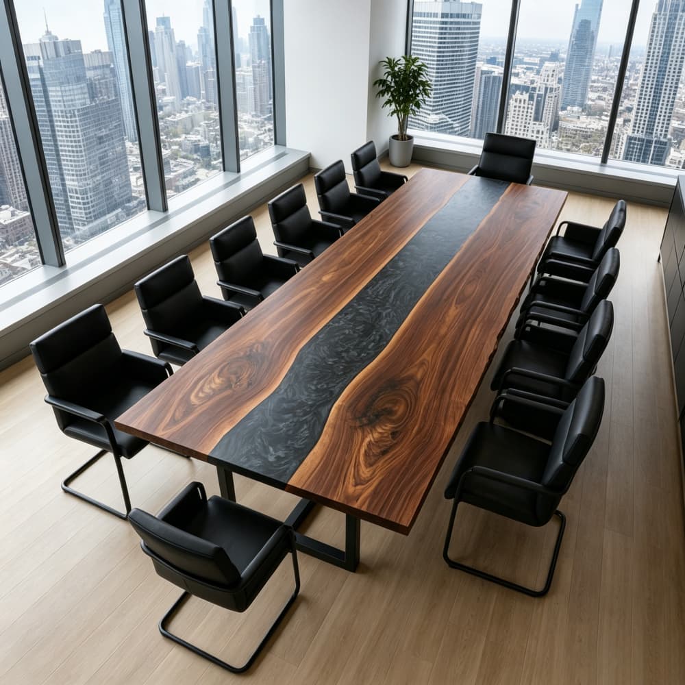 Walnut epoxy conference table shown in a modern high-rise meeting room with city views
