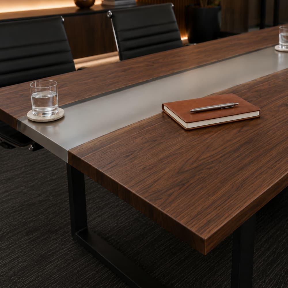Executive boardroom table featuring black walnut and frosted gray resin detail