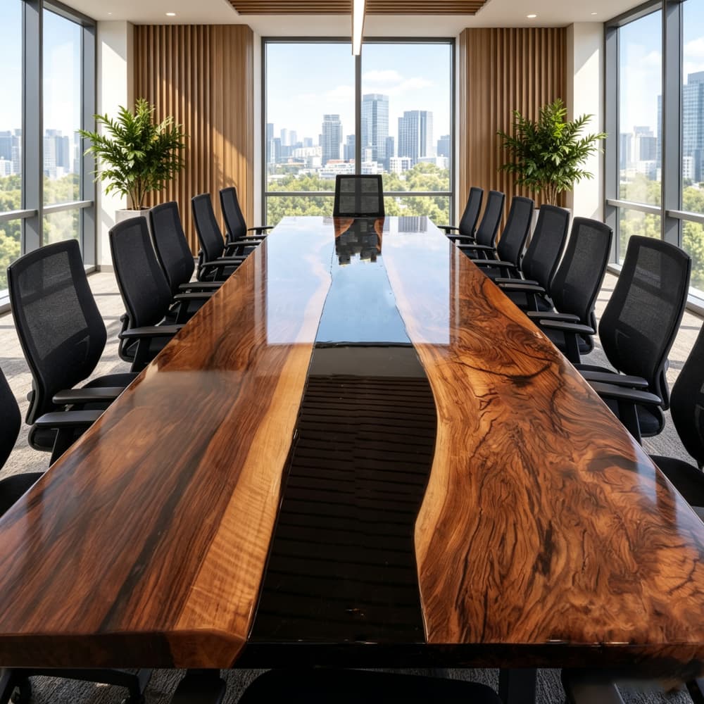 Large black walnut resin meeting table with rich figured grain, organic live edges, and a glossy black epoxy center