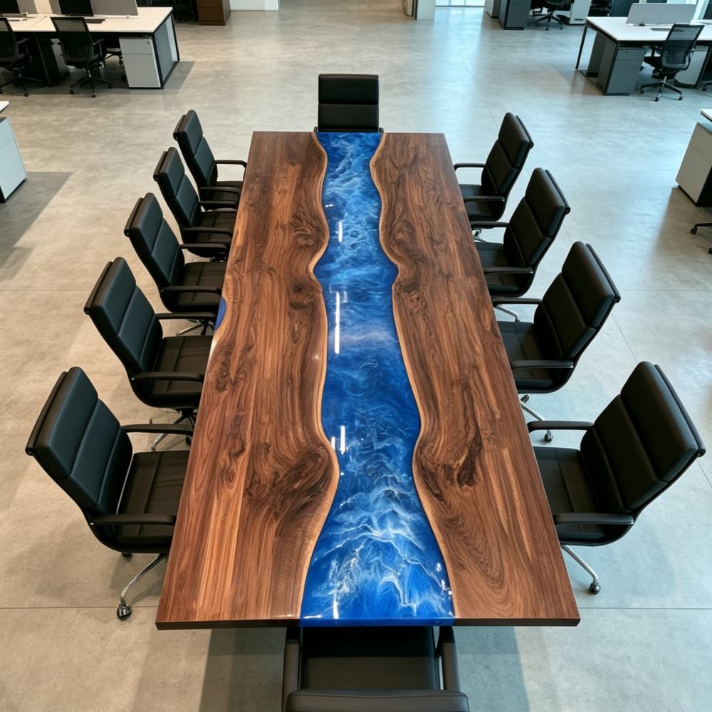 Large Black Walnut and blue epoxy boardroom table designed for professional meeting spaces