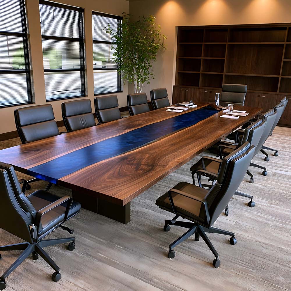 Large blue epoxy conference table with natural Black Walnut for a professional meeting room