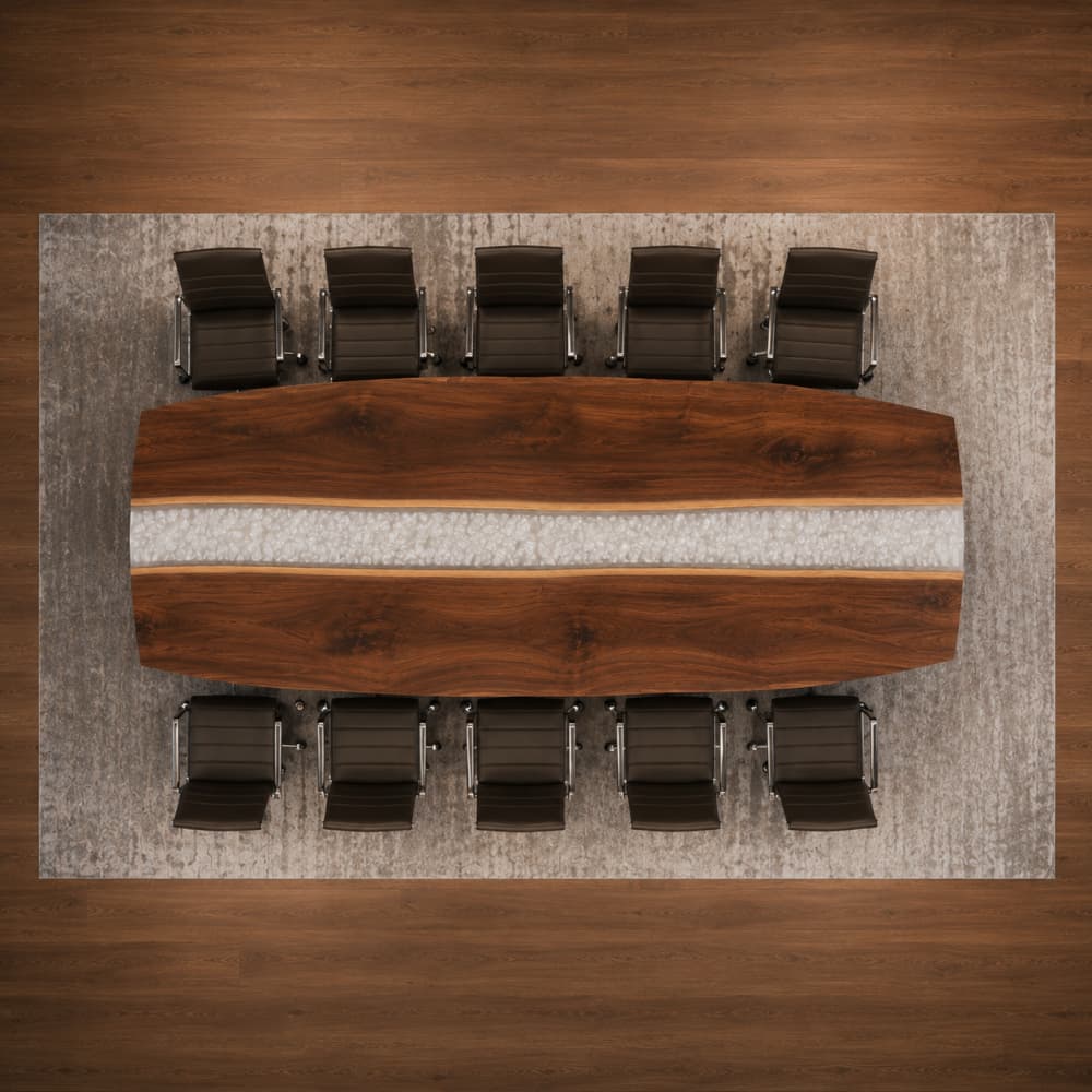 Large boardroom epoxy resin meeting table with black walnut wood, white swirl resin center, and black metal base for corporate offices