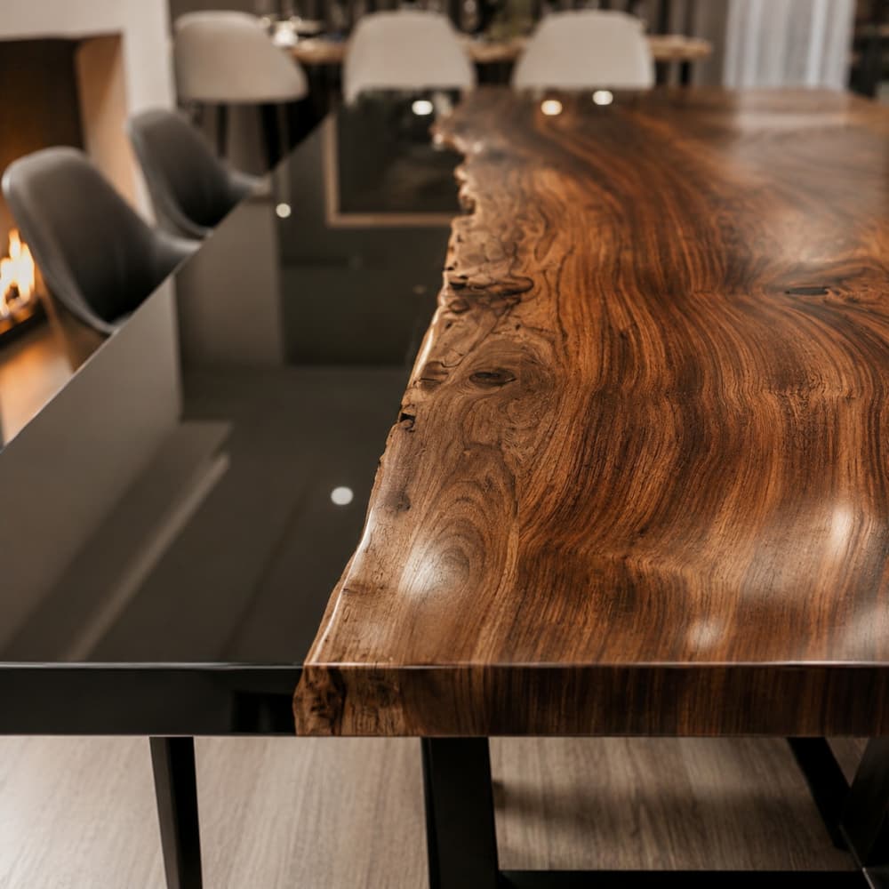 Texture-focused close-up of uneven organic live edge boundary separating rich walnut timber slab and dark reflective mirror epoxy river, displaying natural handcrafted wood resin fusion craft