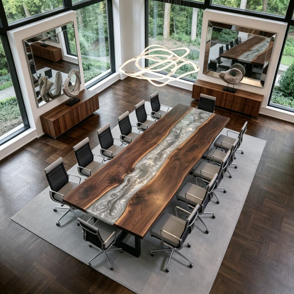 Black walnut conference table in a bright office setting with large windows, green outdoor views, and silver resin center detail
