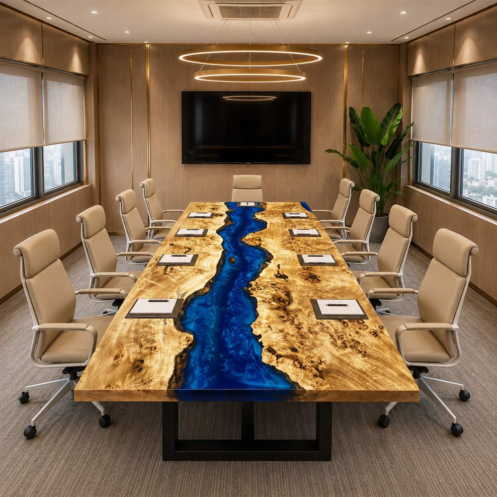 Large poplar river table with water-like navy epoxy, ideal for collaborative work sessions, strategy meetings, and professional office use