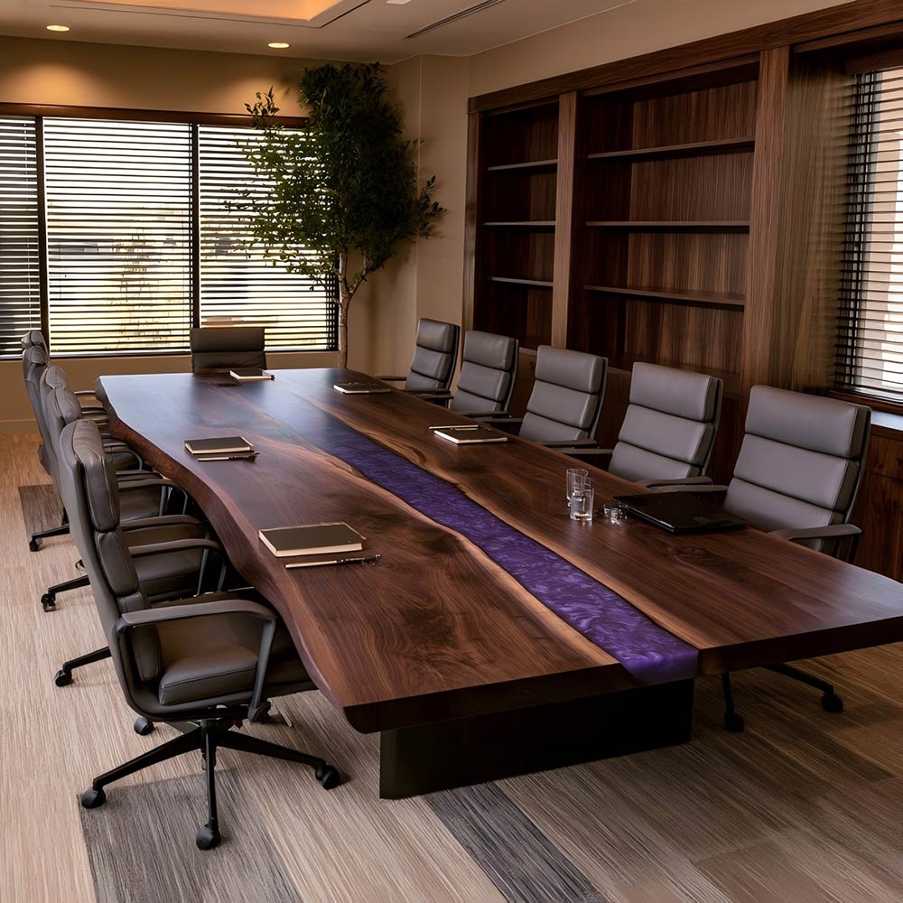 Large purple epoxy conference table created for corporate boardrooms and leadership meetings