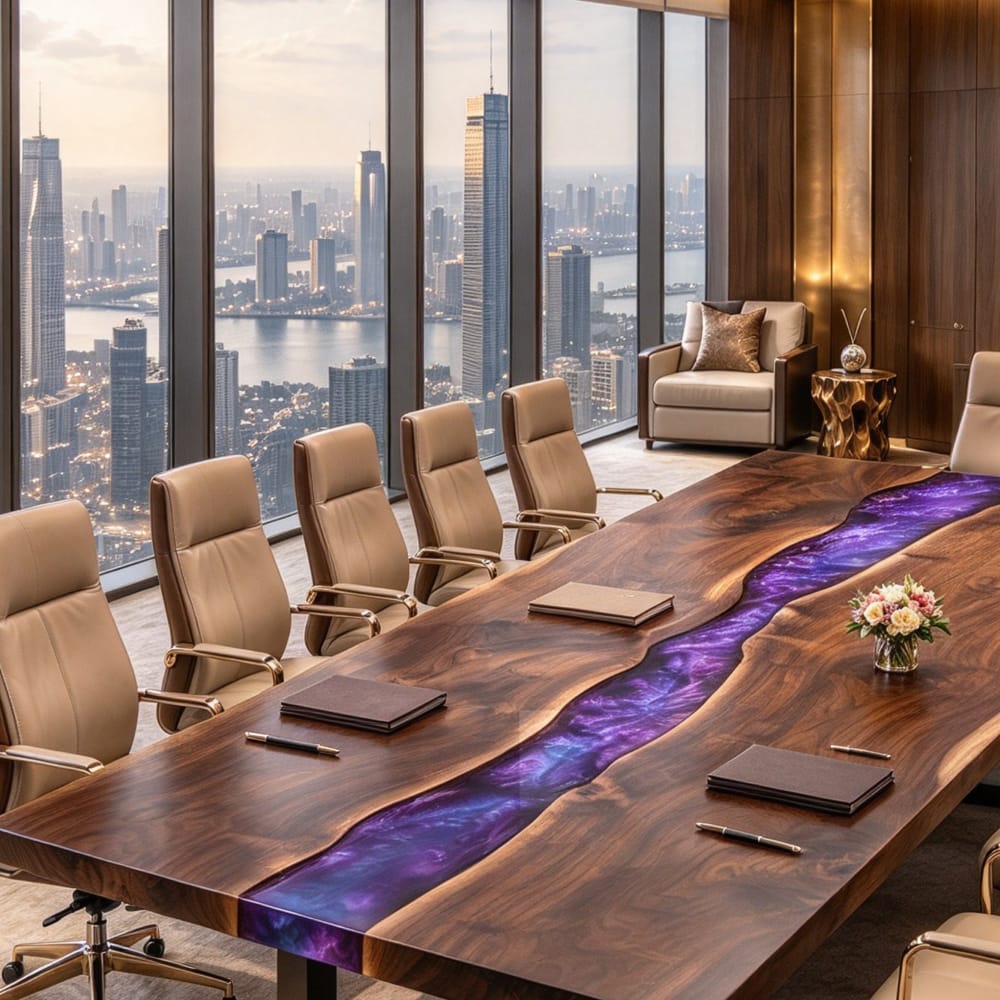 Large purple epoxy conference table crafted with dark Black Walnut for corporate meeting spaces