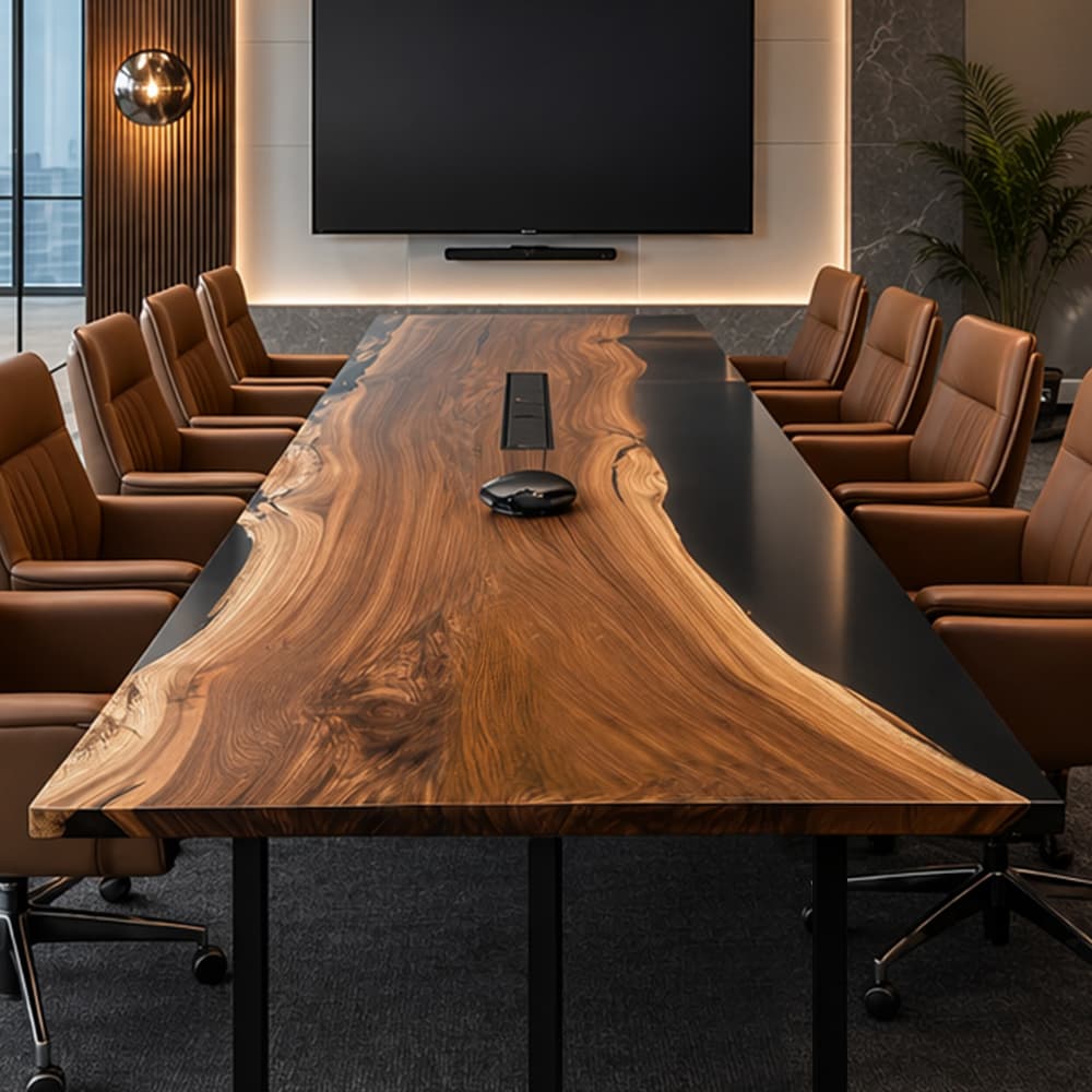 Figured black walnut slab meeting table showing natural grain movement and a dark resin channel