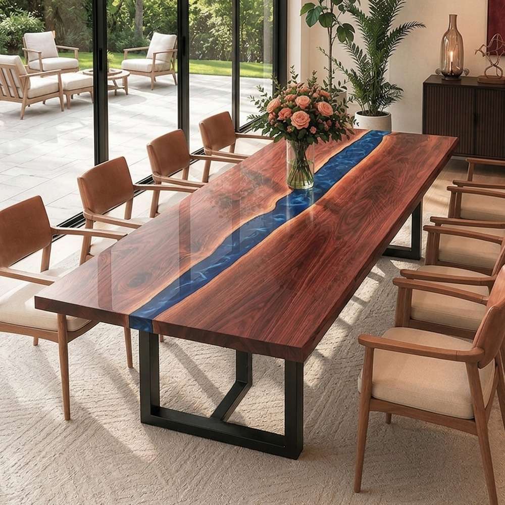 Large walnut epoxy dining table for eight people, designed for family meals, entertaining, and open-concept dining rooms.