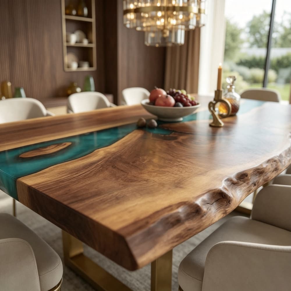 Spacious walnut and teal epoxy river dining‑table that comfortably seats 8‑10 guests for villa family dinners and parties