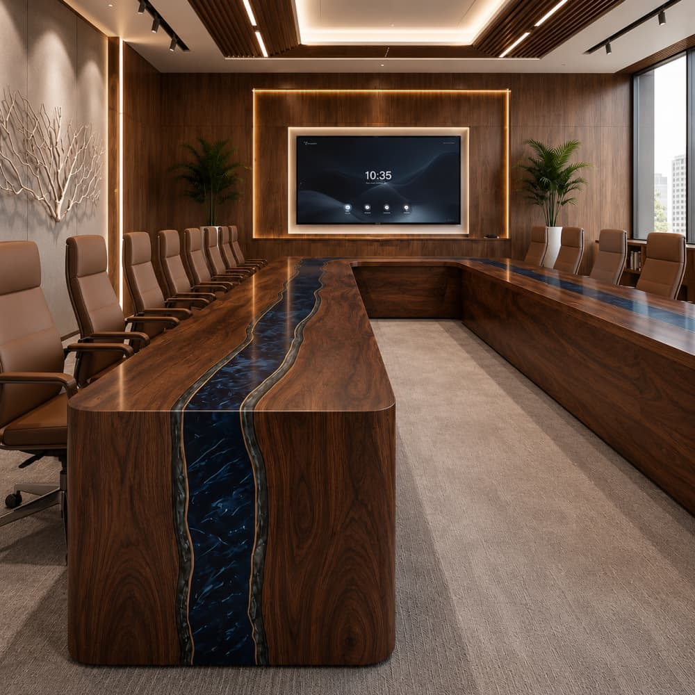 Large walnut meeting table with deep blue epoxy river and waterfall panel construction