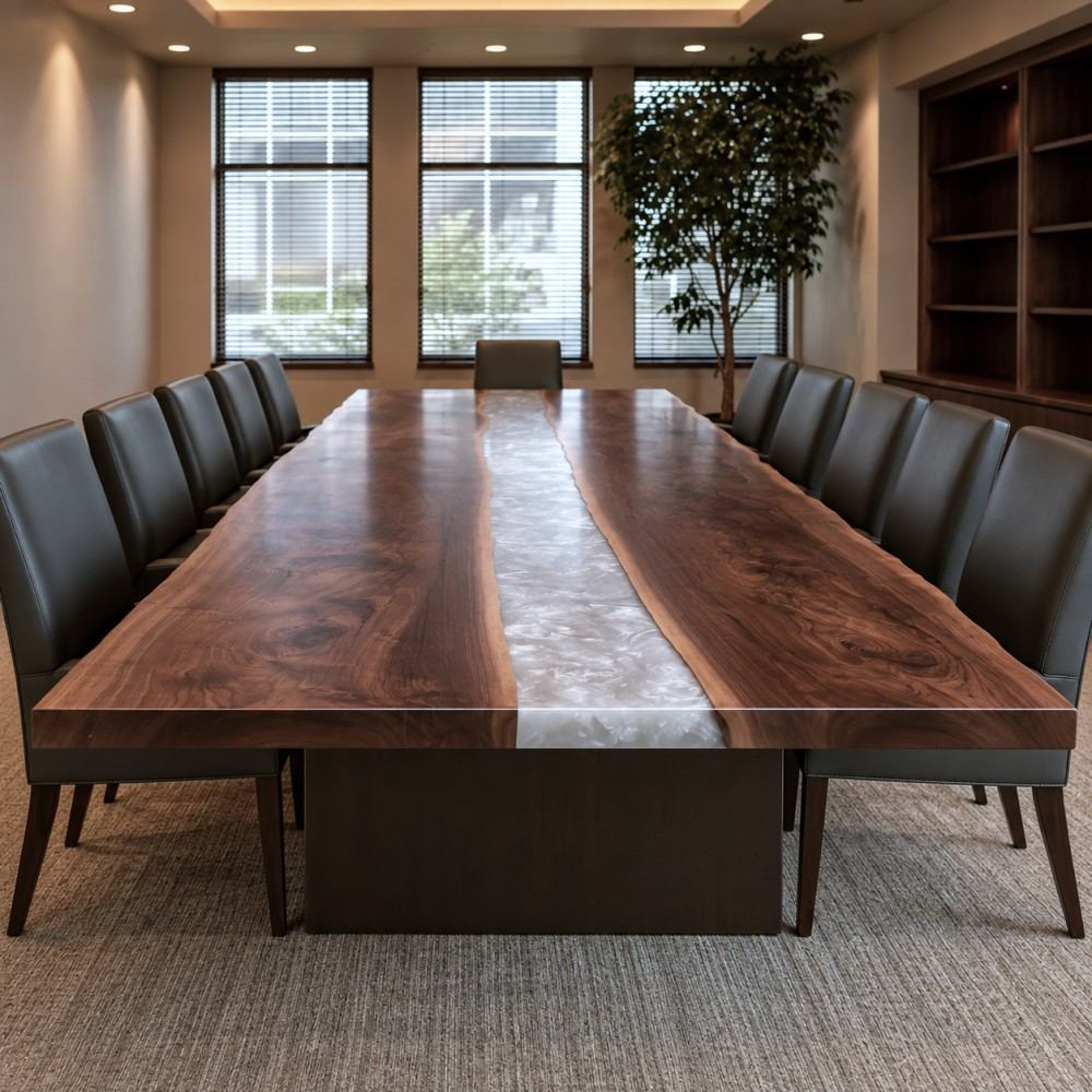 Large walnut resin boardroom table with a soft gray-white epoxy center