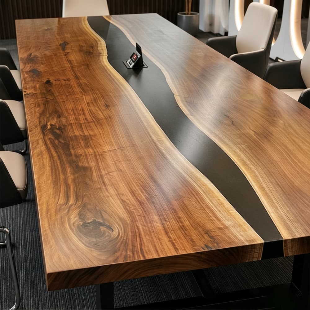 Large walnut resin boardroom table arranged for ten seats in an executive meeting room with comfortable conference chairs