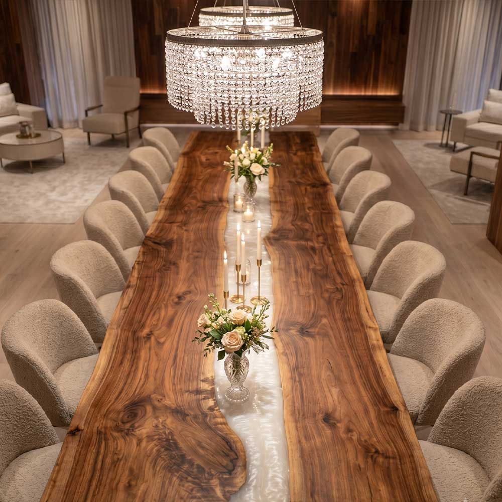 Large black walnut river table designed for hospitality spaces and private dining rooms